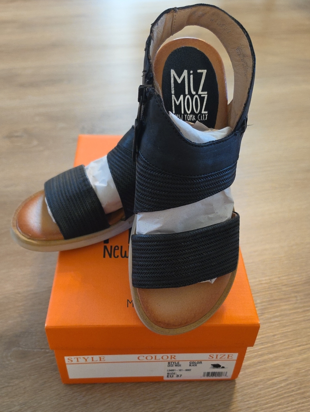 NWT Miz Mooz Black Strappy European Leather  Wedge Sandals EU37 Or 6.5 To 7